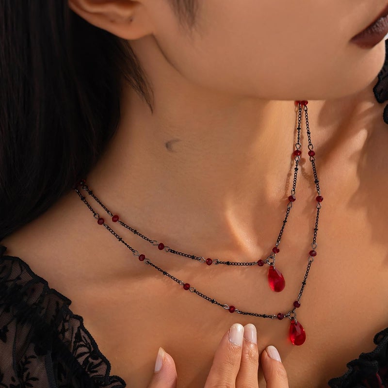 Cicod Gothic Y Necklace,Goth Black Red Crystal Bead Teardrop Necklace,Punk Y Necklace,Halloween Christmas New Year Jewelry Vampire Accessories for Women - Image 2